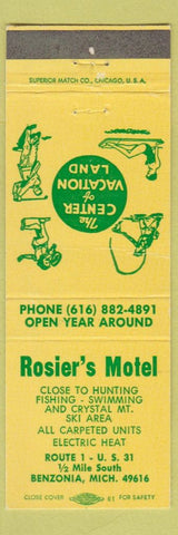 Matchbook Cover - Rosier's Motel Benzonia MI