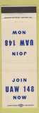 Matchbook Cover - UAW Union United Auto Workers 148 CA