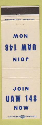 Matchbook Cover - UAW Union United Auto Workers 148 CA