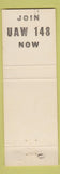 Matchbook Cover - UAW Union United Auto Workers 148 CA