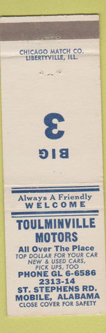 Matchbook Cover - Toulminville Motors Mobile AL Used Cars