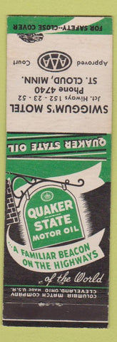 Matchbook Cover - Swiggum's Motel St Cloud MN Quaker State oil WORN STAINED