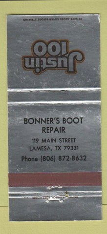 Matchbook Cover - Justin 100 Bonner's Boot Repair Lamesa TX 30 Strike