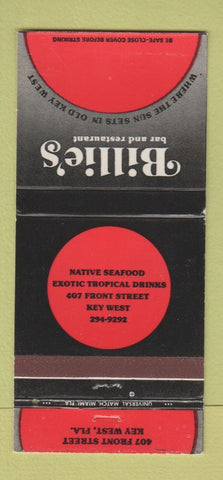 Matchbook Cover - Billie's Restaurant Bar Key West FL 30 Strike