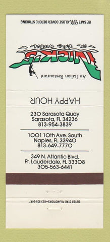 Matchbook Cover - Nick's Italian Restaurant Sarasota Naples FL 30 Strike