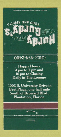 Matchbook Cover - Hurdy Gurdy's Restaurant Plantation FL 30 Strike