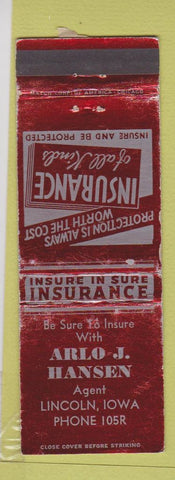 Matchbook Cover - Arlo Hansen Insurance Lincoln IA low phone WEAR