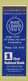 Matchbook Cover - 1st National Bank Appleton WI Greenville