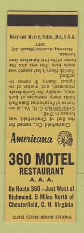 Matchbook Cover - 360 Motel Chesterfield Court House VA Perkins Americana
