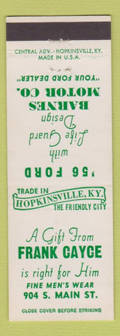 Matchbook Cover - 1956 Ford Barnes Motors Hopkinsville KY Frank Cayce clothes