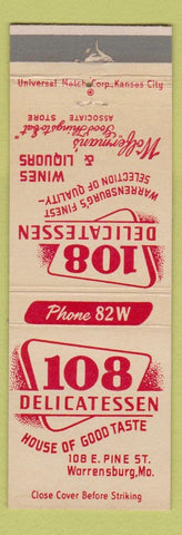 Matchbook Cover - 108 Deli Warrensburg MO low phone #