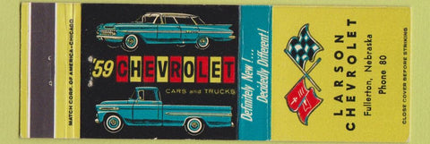 Matchbook Cover - 1959 Chevrolet Larson Fullerton NE low phone # CREASE