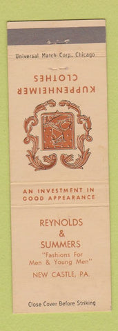 Matchbook Cover - Kuppenheimer Clothes Reynolds Summers New Castle PA