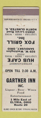 Matchbook Cover Gartner Inn Restaurant Elyria OH North Olmsted OH Sandusky WEAR