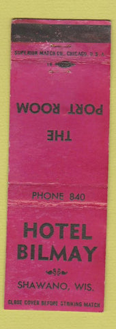 Matchbook Cover - Hotel Bilmay Shawano WI low phone # WORN