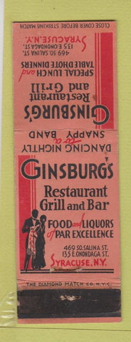 Matchbook Cover - Ginsburg's Restaurant Grill Syracuse NY