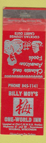 Matchbook Cover - Billy Moy's One World Inn Chinese Wausau WI WORN TAPED