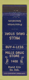 Matchbook Cover - Mills Drug Store Rapid City SD low phone #
