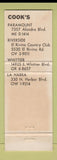 Matchbook Cover - Cook's Restaurants Whittier Paramount Riverside La Habra CA