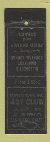 Matchbook Cover - Tony's Cafe 421 Club San Diego CA WORN