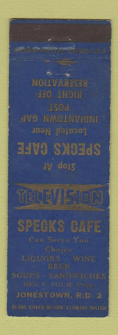 Matchbook Cover - Specks Cafe Jonestown