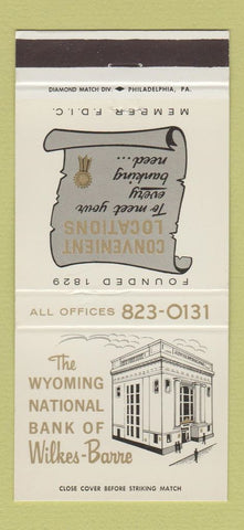 Matchbook Cover - Wyoming National Bank Wilkes Barre PA 30 Strike
