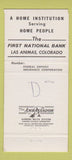 Matchbook Cover - 1st National Bank Las Animas Colorado  30 Strike