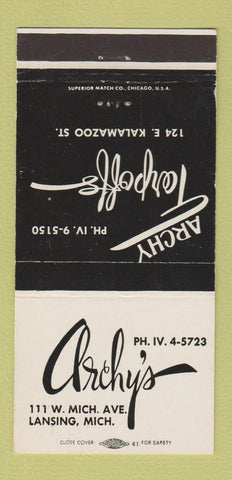 Matchbook Cover - Archy's Lansing MI 30 Strike