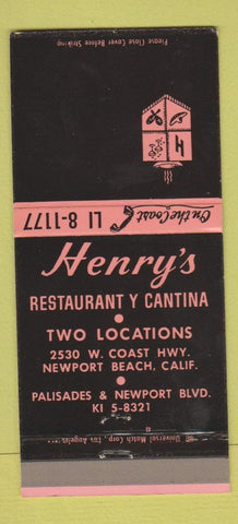Matchbook Cover - Henry's Restaurant Newport Beach CA 30 Strike