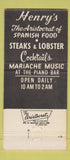 Matchbook Cover - Henry's Restaurant Newport Beach CA 30 Strike