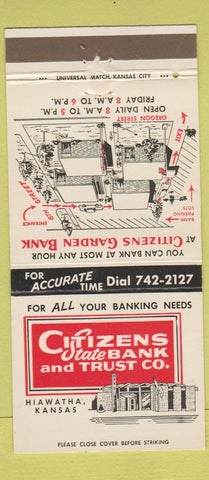 Matchbook Cover - Citizens State Bank Hiawatha KS 30 Strike