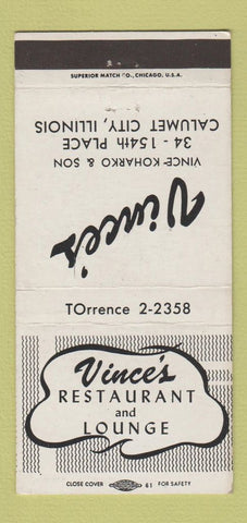 Matchbook Cover - Vince's Restaurant Calumet City IL 30 Strike