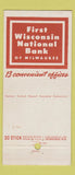 Matchbook Cover - First Wisconsin National Bank Milwaukee WI 30 Stick