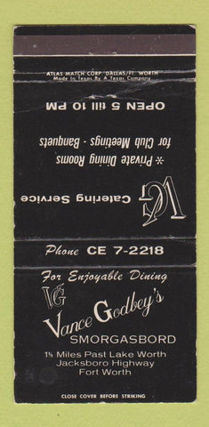 Matchbook Cover - Vance Godbey's Smorgasbord Fort Worth TX WORN 30 Strike
