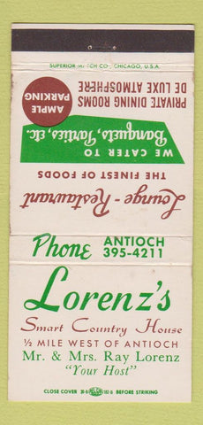 Matchbook Cover - Lorenz's Country House Restaurant Antioch IL WEAR 30 Strike