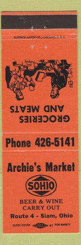Matchbook Cover - Archie's Market Sohio oil gas Siam OH ORANGE