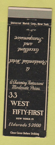 Matchbook Cover - 33 West Fifty First New York City Hotel