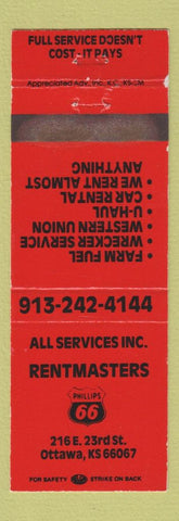 Matchbook Cover - Rentmasters Phillips 66 oil gas Ottawa KS WEAR RED