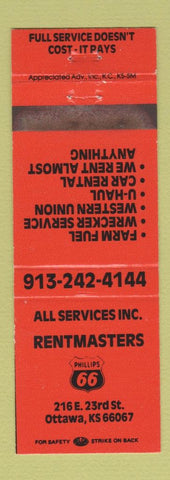 Matchbook Cover - Rentmasters Phillips 66 oil gas Ottawa KS WEAR ORANGE