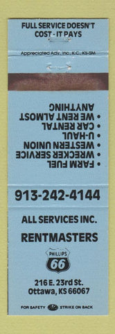 Matchbook Cover - Rentmasters Phillips 66 oil gas Ottawa KS WEAR BLUE