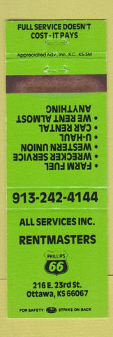 Matchbook Cover - Rentmasters Phillips 66 oil gas Ottawa KS WEAR GREEN