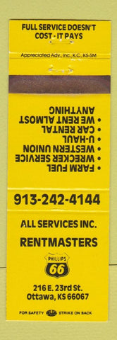 Matchbook Cover - Rentmasters Phillips 66 oil gas Ottawa KS WEAR YELLOW