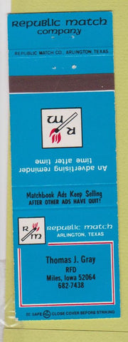 Matchbook Cover - Republic Match Thomas Gray Miles IA