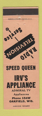 Matchbook Cover - Irv's Appliance Admiral TV Oakfield WI low phone #