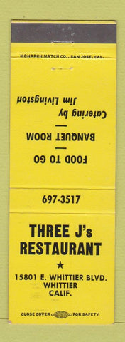 Matchbook Cover - Three J's Restaurant Whittier CA