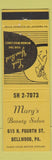 Matchbook Cover - Mary's Beauty Salon Bellwood PA girlie YELLOW
