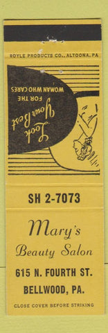 Matchbook Cover - Mary's Beauty Salon Bellwood PA girlie YELLOW