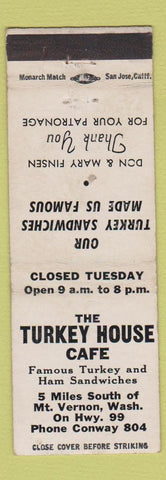 Matchbook Cover - Turkey House Cafe Mount Vernon WA low phone # WEAR