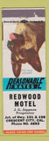Matchbook Cover - Redwood Motel Crescent City CA