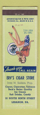 Matchbook Cover - Erv's Cigar Store Lebanon PA ADVANCE pinup Scotty Says girlie